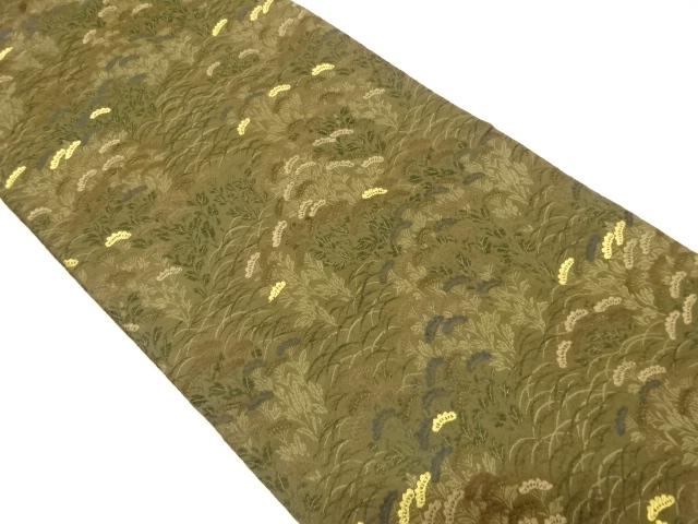 JAPANESE KIMONO / ANTIQUE MARU OBI / SILK / WOVEN GRASS & FLOWERS